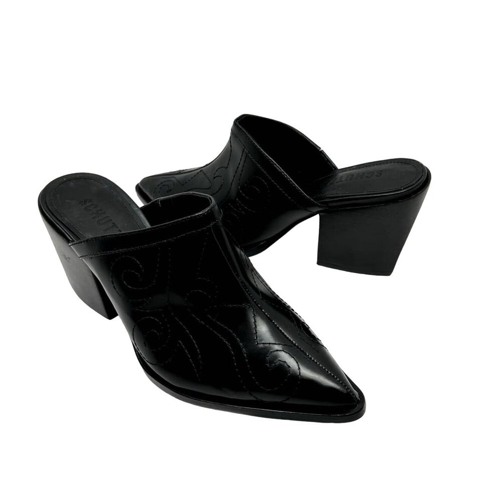 NEW Schutz Zarly Black Leather Western Stitched Slip On Heel Mules - Picture 2 of 13